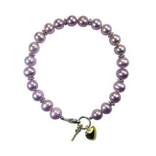 Key to My Heart Silver Charm Cultured Pearl Kid Bracelet 6", Lavender Dahlia Jewelry