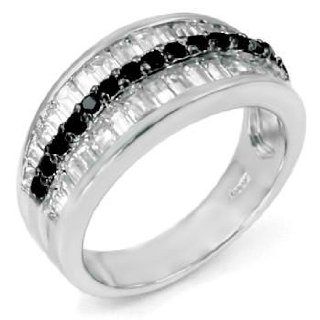 .925 Sterling Silver Wedding Ring, Round Cut Black Cubic Zirconia and Baguette Cut Cubic Zirconia: Black Diamond Wedding Bands For Women: Jewelry