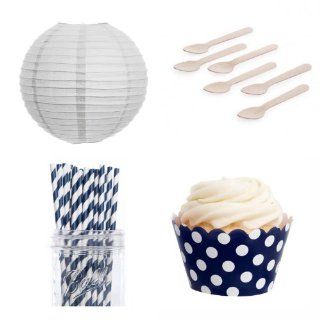 Dress My Cupcake DMC432406 Dessert Table Party Kit with Lanterns and Standard Wrappers, Navy Blue Polka Dots: Kitchen & Dining