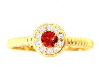 14K Yellow Gold Small Round Gemstone and Diamond Disc Ring Garnet, size7.5: Promise Rings: Jewelry