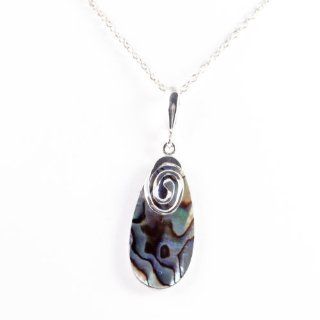 Original sterling silver 925 abalone oval pendant 45 mm long and 14 mm wide with silver spiral motif. Comes with sterling silver chain 438 mm long. Matching earrings available. Designed and hand finished in France.: Jewelry