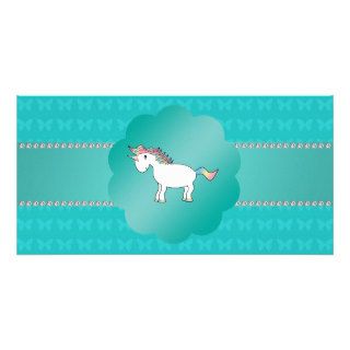 Unicorn turquoise butterflies custom photo card