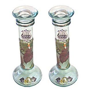 Shabbat Sabbat Candle Holders / Sticks Floral Decoupage Glass With Pewter Pomegranates "Shabbat Kodesh" In Hebrew & Stones 8.0" Modern Design Hand Made In ISRAEL By Lily Art. Great Gift For Rosh Hashanah Sabbath Purim Sokot Simchat Tora