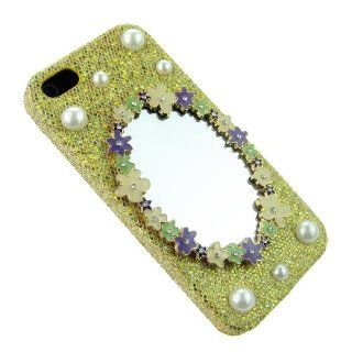 FiMeney Luxury Crystal Flower Make Up Mirror Pearls Gold Shining Back Hard Case Cover Shell for Iphone 5 5g 5th 5S + Cleaning Cloth + 2013 Calendar Card + Pink Stylus Pen + Butterfly And Flower Dust Plug Cell Phones & Accessories