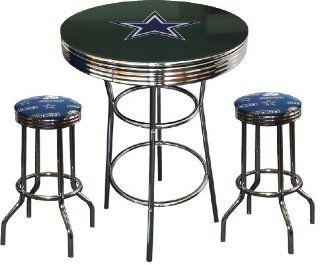 Dallas Cowboys Logo NFL Football Glass Top Chrome Bar Pub Table Set with 2 Swivel Bar Stools   Home Bars