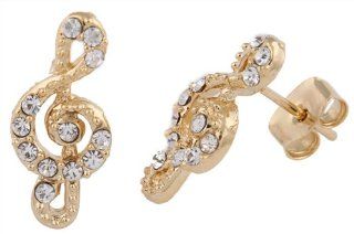 Gold with Clear Iced Out Treble Clef Style Stud Earrings: Jewelry