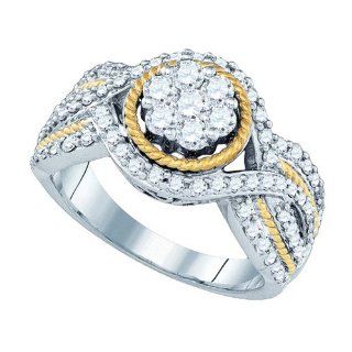 10K Two Tone White and Yellow Gold 0.99 TCW Diamond Flower Ring Will Ship With Free Velvet Jewelry Gift Box Wedding Bands Jewelry