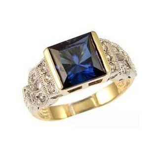 14k Yellow Gold White Rhodium, Fancy Estate Style Ring with Lab Created Princess Square Shape Dark Blue Colored Stone: Jewelry