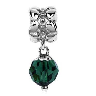 Sterling Silver May Birth Stone Dangle with Emerald Color Swarovski Crystal 8mm, Fits Pandora Bracelets.: Jewelry