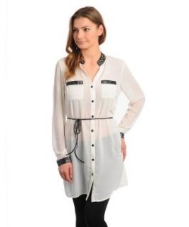 Stanzino Women's Long Tunic Shirt with Waist Tie and Studded Neckline ivory S at  Womens Clothing store