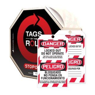 Accuform Signs TAR462 Tags By The Roll Lockout Tag, "Danger   Locked Out   Do Not Operate" (English/Spanish), On Roll in Octagonal Cardboard Dispenser, PF Cardstock (Pack of 100): Industrial Lockout Tagout Tags: Industrial & Scientific