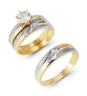14k Solid Two Tone Gold Ribbed Band CZ Wedding Trio Set Jewelry