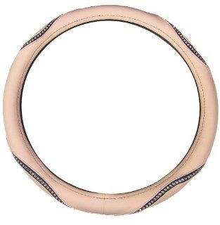 Beige Leather w/ Clear Prima Bella Crystals on Black Stripe Car Truck SUV Steering Wheel Cover   Large Automotive