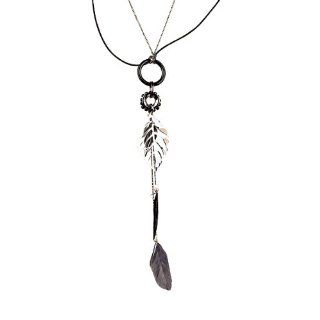 Long Black Silver and Grey Leaf with Feather Fashion Necklace: Strand Necklaces: Jewelry