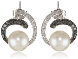 14k White Gold, Freshwater Cultured Pearl, and Black and White Diamond Earrings (.25 Cttw, G H Color, I1 I2 Clarity): Jewelry