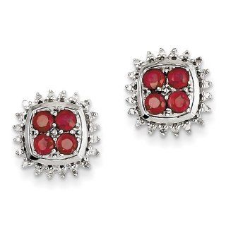 Sterling Silver Rhodium Plated Diamond & African Ruby Post Earrings: Jewelry