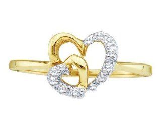 0.12 Carat (ctw) 10K Yellow Gold Round Cut White Diamond Ladies Double Heart Promise Ring: Jewelry