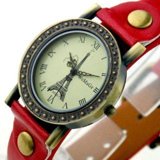 Paris Eiffel Tower Dial Retro Belt Lady Watch Pointer Display Leather Strap Quartz Movement Fashion Trend WA504 Red Color: Watches