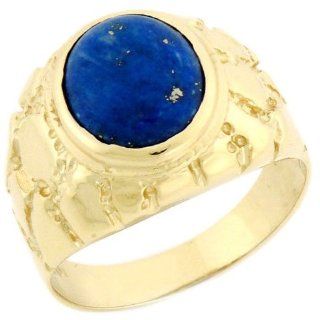 14k Solid Yellow Gold Oval Lapis Nugget Mens Ring: Jewelry