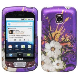 Purple Hawaiian White Flower Green Vine Orange Paint Design Rubberized Snap on Hard Shell Cover Protector Faceplate Cell Phone Case for T Mobile LG Optimus T P509 / LG Thrive/ AT&T LG Phoenix P505 + Clear LCD Screen Guard Film Cell Phones & Access