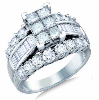 14K White Gold Large Diamond Engagement Ring   Emerald Shape Center Setting w/ Invisible Channel Set Princess, Round, & Baguette Diamonds   (3.0 cttw): Sonia Jewels: Jewelry