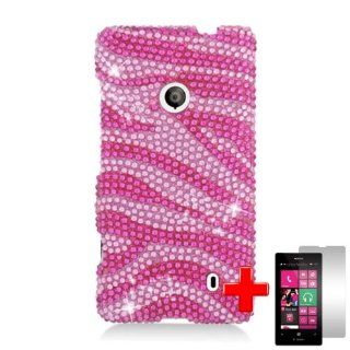 Nokia Lumia 521 (T Mobile) 2 Piece Snap on Rhinestone/Diamond/Bling Case Cover, Pink/Silver Zebra Pattern Cover + LCD Clear Screen Saver Protector Cell Phones & Accessories