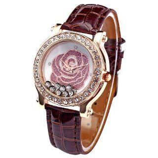 AMPM24 Rose Flower Clear Crystal Lady Women Girl Coffee Leather Quartz Wrist Watch Gift WAA334 Watches