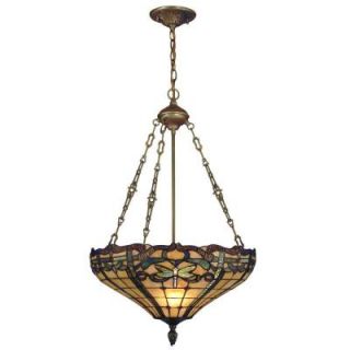 Dale Tiffany Cabrini 3 Light Inverted Hanging Antique Brass Pendant with Art Glass Shade TH12223