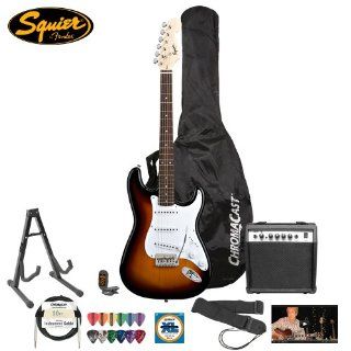 Squier Bullet by Fender (031 0001 532) Brown Sunburst Strat w/ Picks, Tuner, Stand, Bag, Strap, Cable, Strings, Amp & Online Lesson: Musical Instruments
