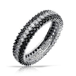 925 Sterling Silver Round Cubic Zirconia Black White Eternity Ring: Jewelry