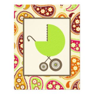 Neutral Baby Shower   Green Carriage & Paisley Custom Invitations