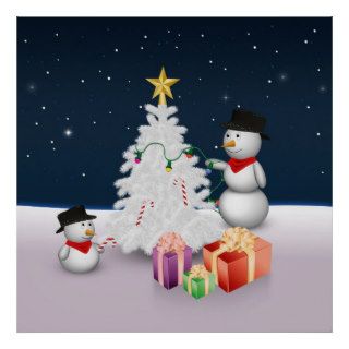 Cute Snowmen with Christmas Tree   Poster
