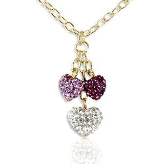 Adorable Children's Triple Heart Dangling Pendant Necklace   Pink, Purple and White   18K Gold Plated Jewelry
