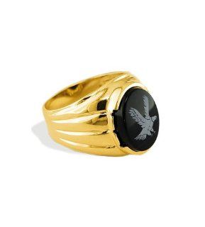 New 14k Yellow Gold Men's Oval Black Onyx Eagle Ring Jewelry