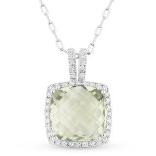 Natural 3ct Cushion Cut Green Amethyst Gemstone & Diamond Necklace Set In 14K White Gold: Eros' Iced Showroom: Jewelry