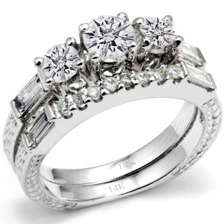 1.00 Carat (Ctw) 14k White Gold Round & Baguette 3 Stone Diamond Ladies Bridal Engagement Semi Mount Ring Matching Wedding Band Set (No Center Stone): Jewelry