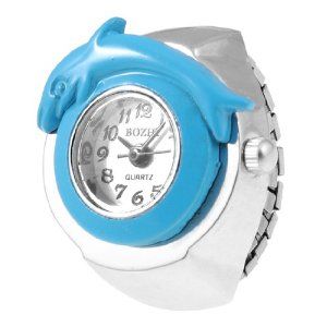 Blue Dolphin Shaped Housing Elastic Band Finger Ring Watch for Women: Watches