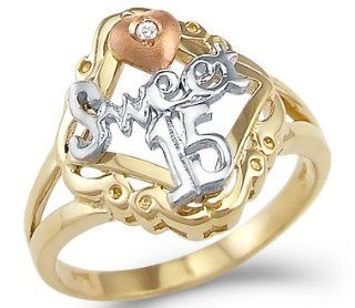 14k Tri Color Gold Sweet 15 Birthday Quinceanera Ring: Right Hand Rings: Jewelry