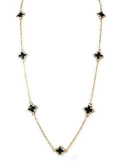 New Women Fashion Summer Spring Designer Inspired Symbol Long Metallic Black And Gold Clover Shaped With Crystal Necklace Chain Necklaces Jewelry