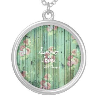 Summer Vintage Floral Pattern Teal Striped Wood Custom Necklace