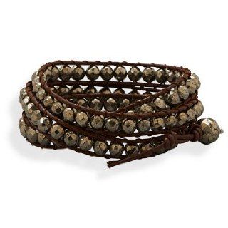23295 23" brown leather and pyrite bead wrap fashion bracelet. The pyrite beads are approximately 5.5mm. This bracelet has a toggle type closure. precious metal girl woman lady arm hand beuatiful gift present stars