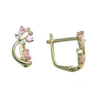 14K Yellow Gold Pink and Clear Cubic Zirconia Dragonfly Earrings: Hoop Earrings: Jewelry