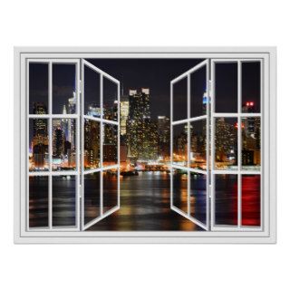 New York At Night White 24 Pane Open Window Poster