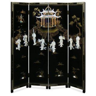 72in Black Lacquer Mother of Pearl Motif Floor Screen (4 Panels)   Chinese Floor Screens