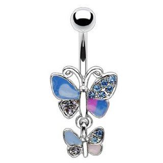Hinged multi color pave jeweled double butterfly belly ring: Jewelry