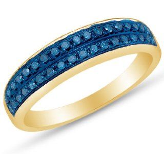 10K Yellow Gold Ladies Womens Prong Set Two Rows Round Brilliant Cut Blue Diamond Wedding Band OR Anniversary Ring (1/5 cttw.): Jewelry