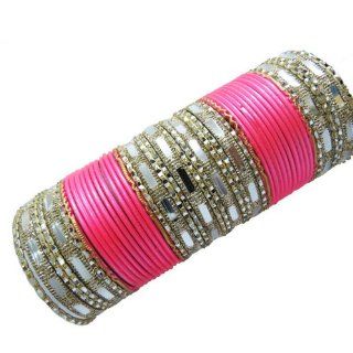 48 Pcs Pink Bangles Set Indian Traditional Wedding Sari Churi Kangan Sz 2*5 Gift: Bangle Bracelets: Jewelry