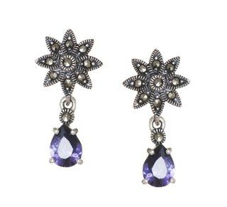 .925 Stylish Sterling Silver Dangle Earrings w/Marcasite and Purple CZ.: Jewelry