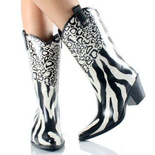Black & White Leopard Zebra Cheetah Print Ladies Western Cowboy Rubber Rain Boots Size 8 : Other Products : Everything Else