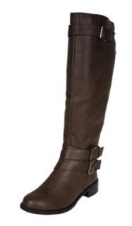 Doric! By Soda Knee high Flat Riding Boots with Buckle and Strap Adornments and Side Zipper, dark tan leatherette, 5.5 M: Shoes